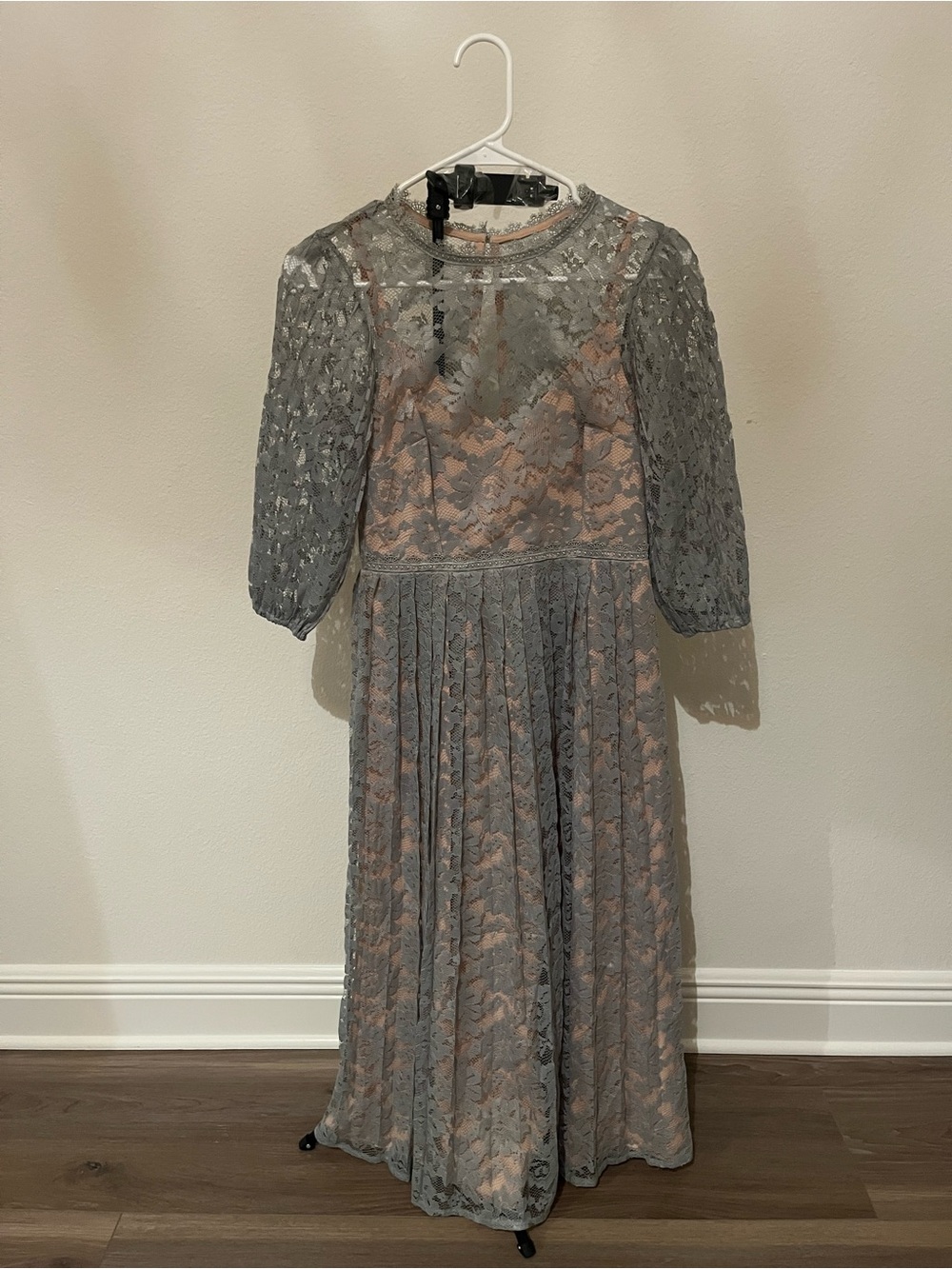Little Mistress Gray Lace Midi Dress with Nude Lining